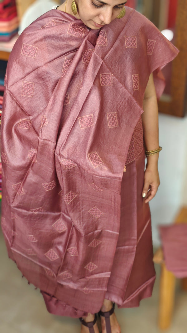Muted mauve embroidered Tussar silk suit