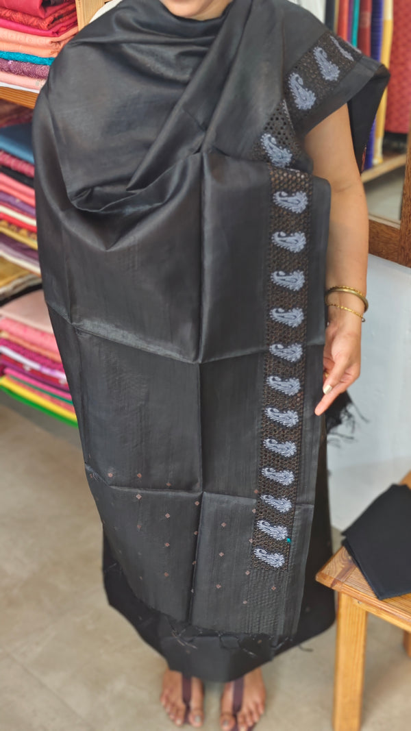 Black lined noil tussar silk cutwork suit