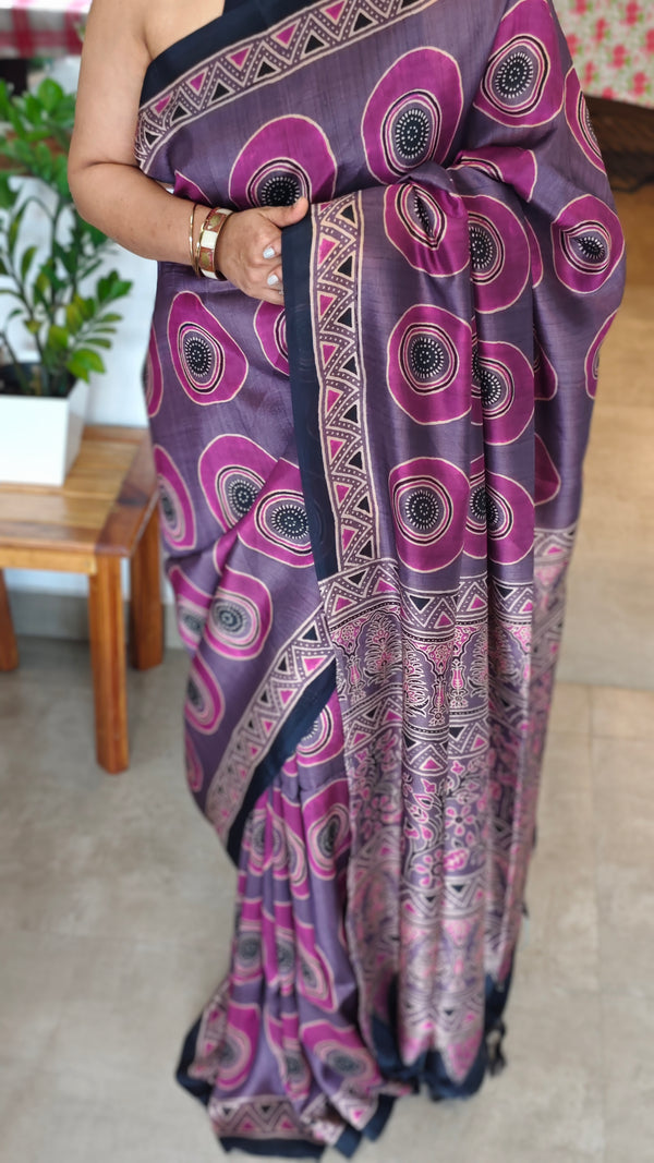 Mauve and purple Ajrakh Modal saree - MAK9