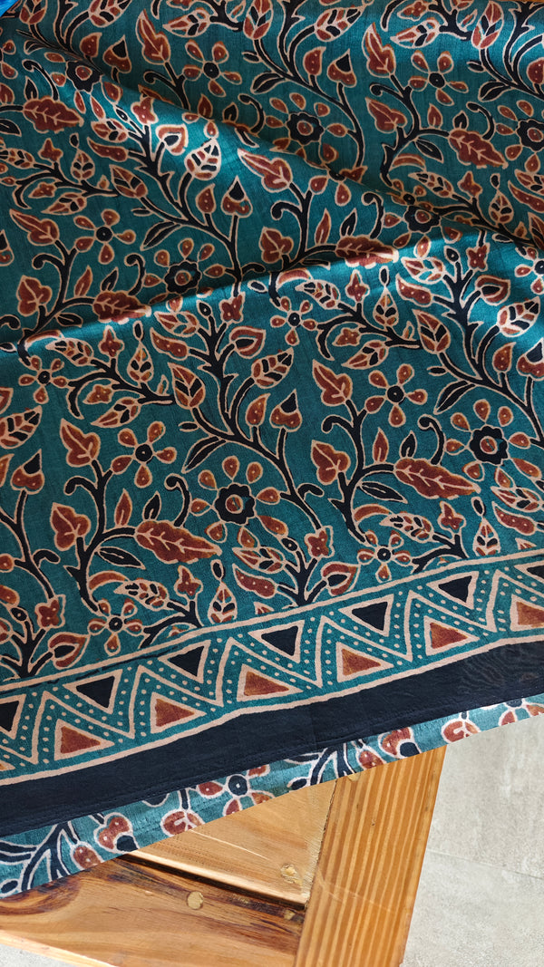 Teal and brick red Ajrakh Modal saree - MAK9