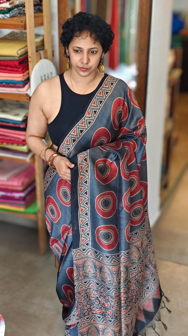 Grey and brick red Ajrakh Modal saree - MAK9
