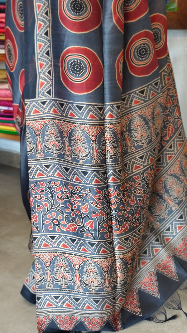 Grey and brick red Ajrakh Modal saree - MAK9