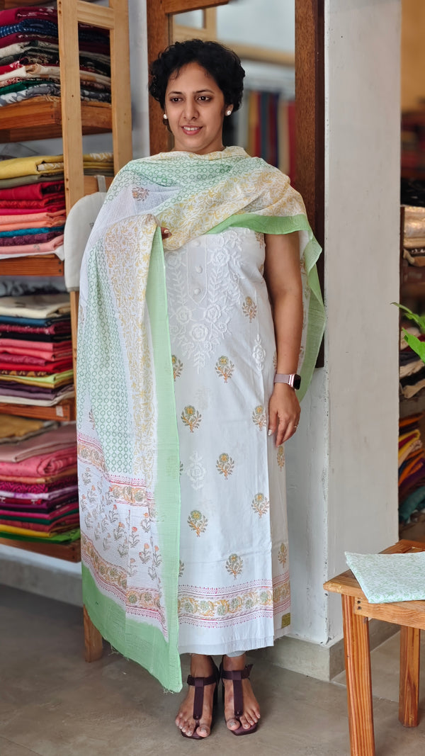 Milky white and green cotton chikankari suit - 673W - 1