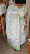 Milky white and green cotton chikankari suit - 673W - 1