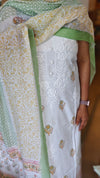 Milky white and green cotton chikankari suit - 673W - 1