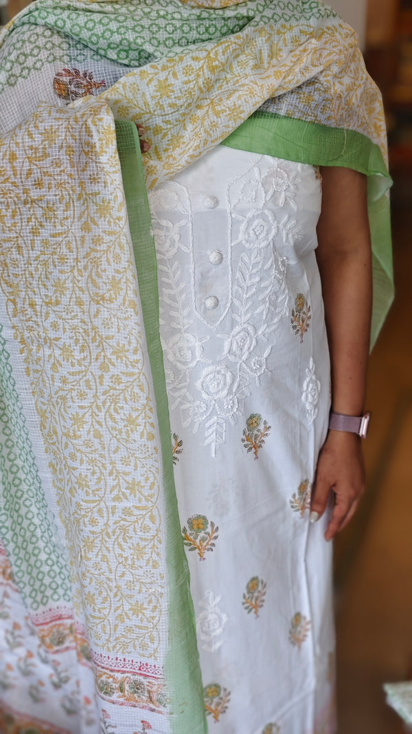 Milky white and green cotton chikankari suit - 673W - 1