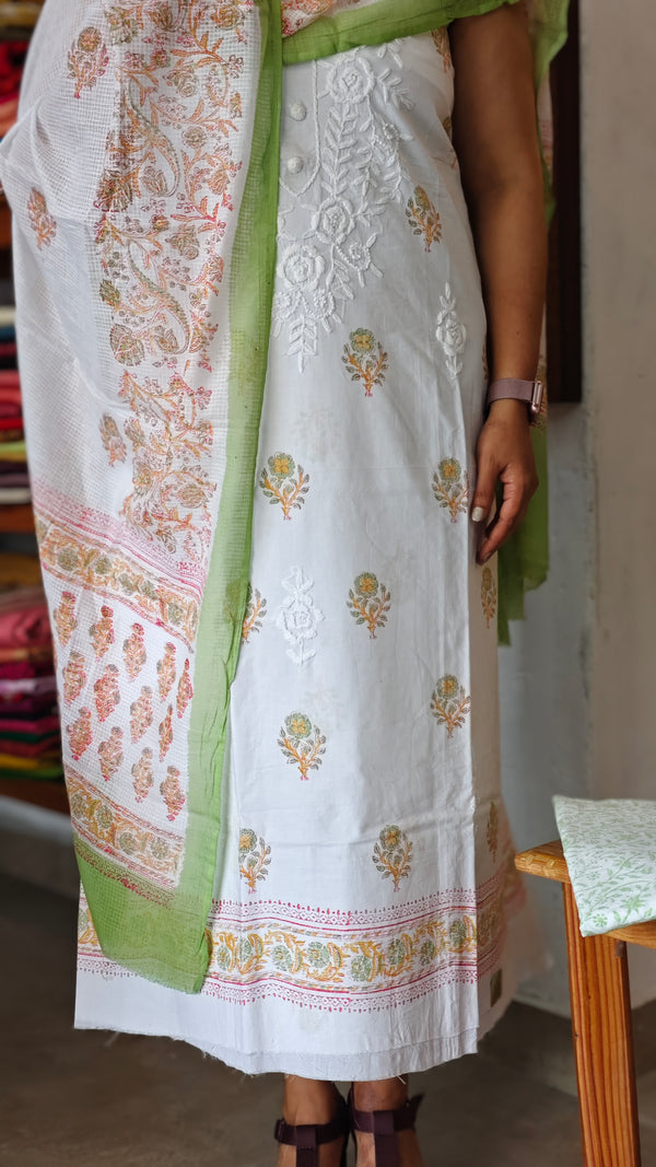 Milky white and green Chikankari cotton suit - 673W - 2