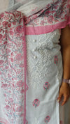 Milky white and pink cotton Chikankari Suit - 673W - 2