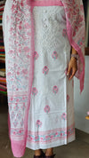 Milky white and pink cotton Chikankari Suit - 673W - 2
