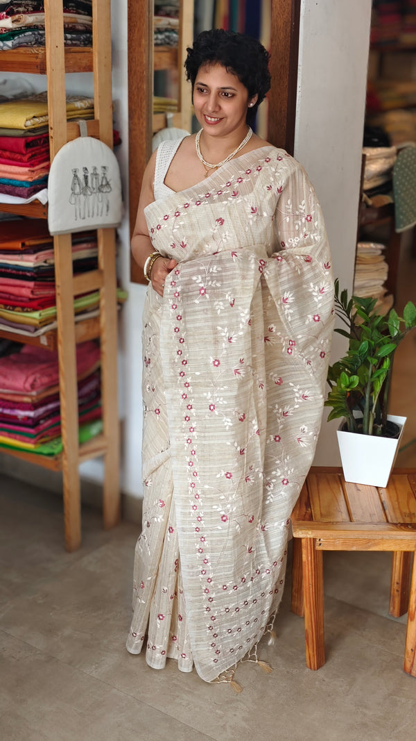 Beige jute kota embroidered saree - pink - 5030