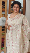 Beige jute kota embroidered saree - pink - 5030