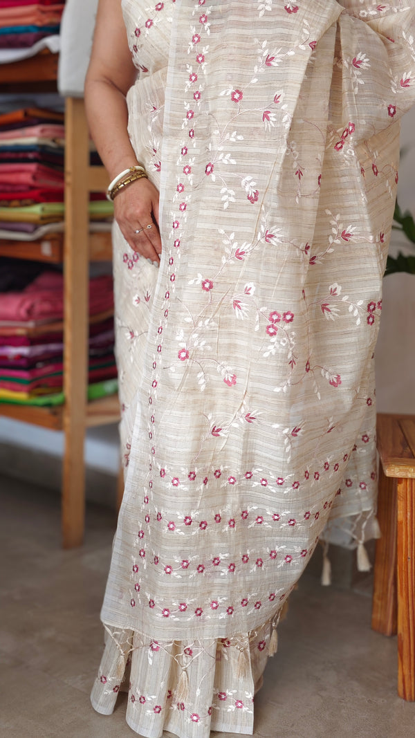 Beige jute kota embroidered saree - pink - 5030