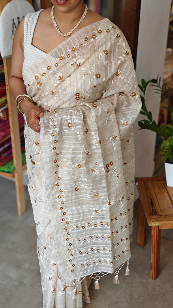 Beige jute kota embroidered saree - Mustard - 5030