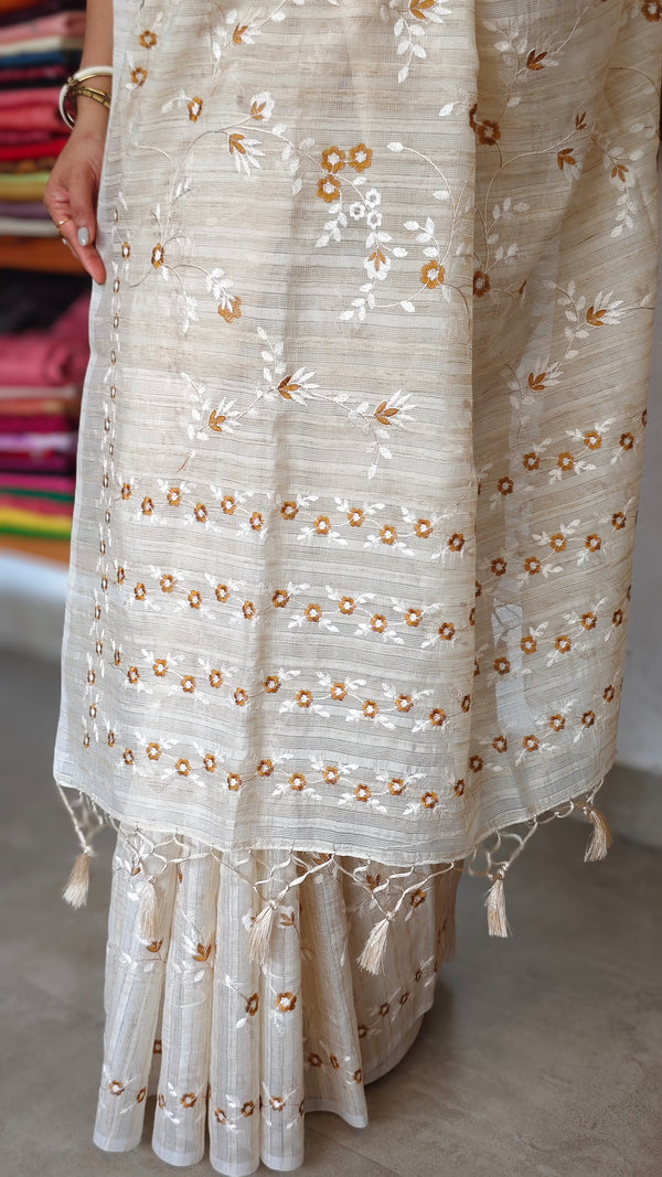 Beige jute kota embroidered saree - Mustard - 5030