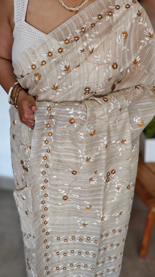 Beige jute kota embroidered saree - Mustard - 5030