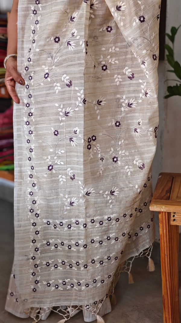 Beige jute kota embroidered saree - Purple - 5030