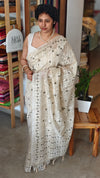 Beige jute kota embroidered saree - dark olive green - 5030