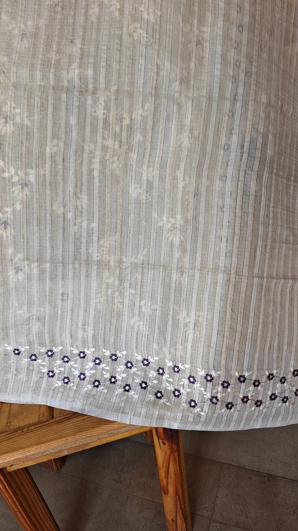 Beige jute kota embroidered saree - Purple - 5030