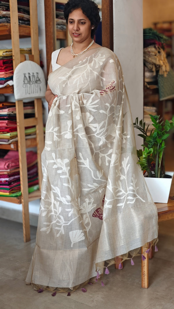 Light beige and wine jamdani saree - 39LB