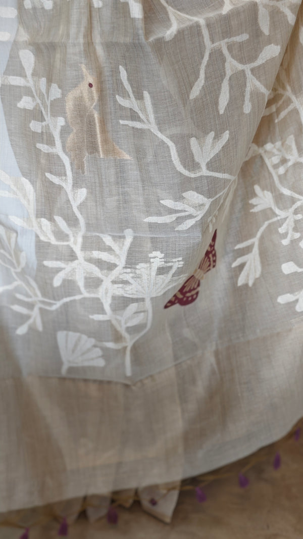 Light beige and wine jamdani saree - 39LB
