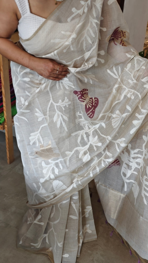 Light beige and wine jamdani saree - 39LB