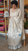 Light beige and blue jamdani saree - 39LB