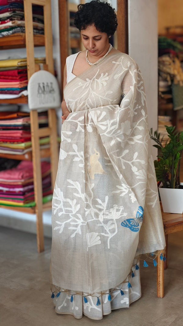 Light beige and blue jamdani saree - 39LB
