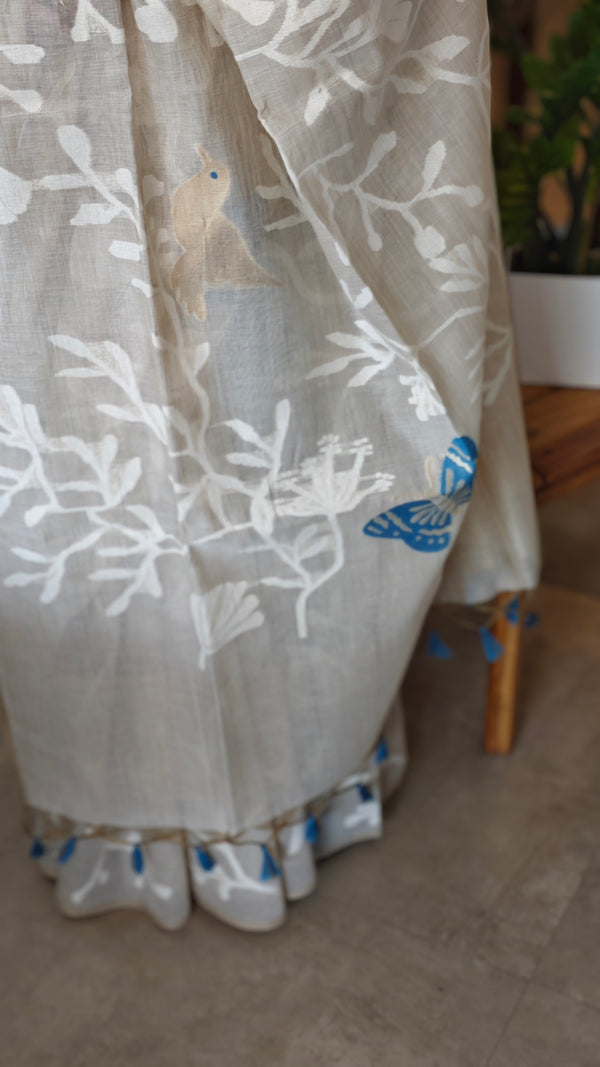 Light beige and blue jamdani saree - 39LB