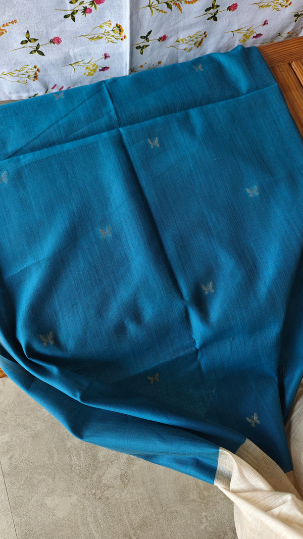 Light beige and blue jamdani saree - 39LB