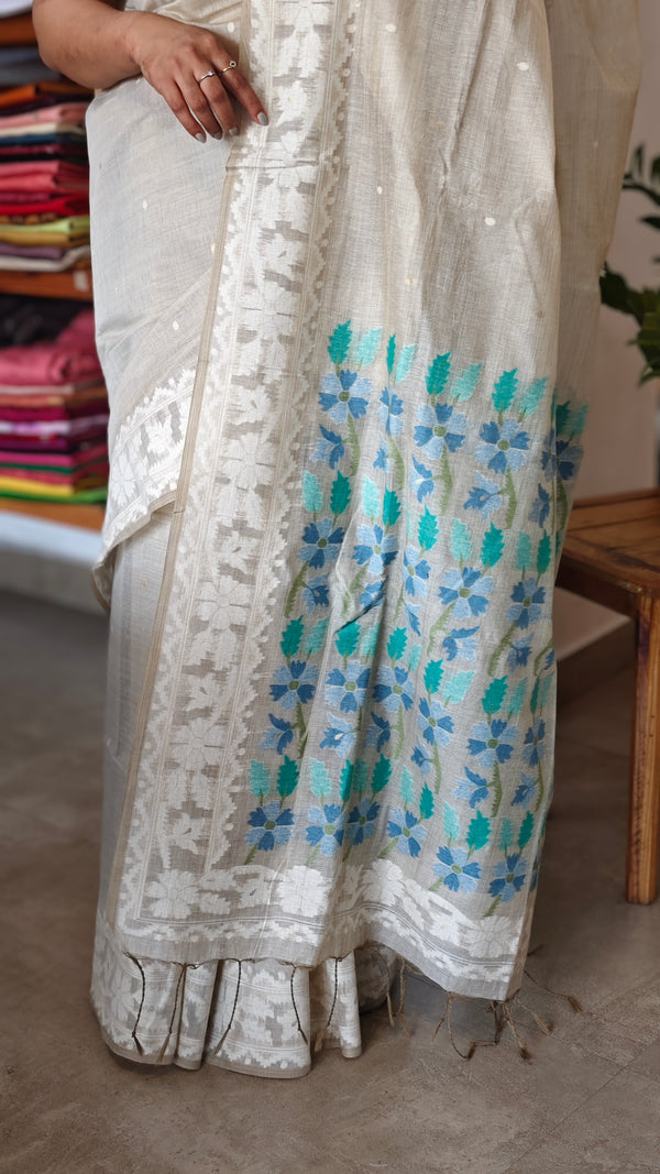Off white and azure blue jamdani saree