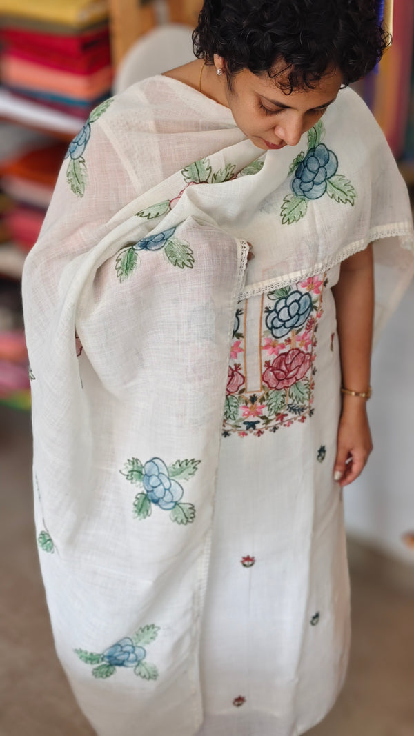 Off white linen cotton embroidered suit