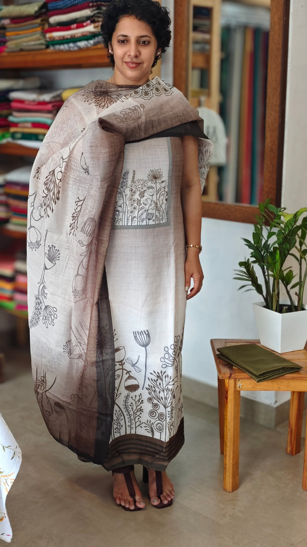 Cream and dark olive green printed linen suit