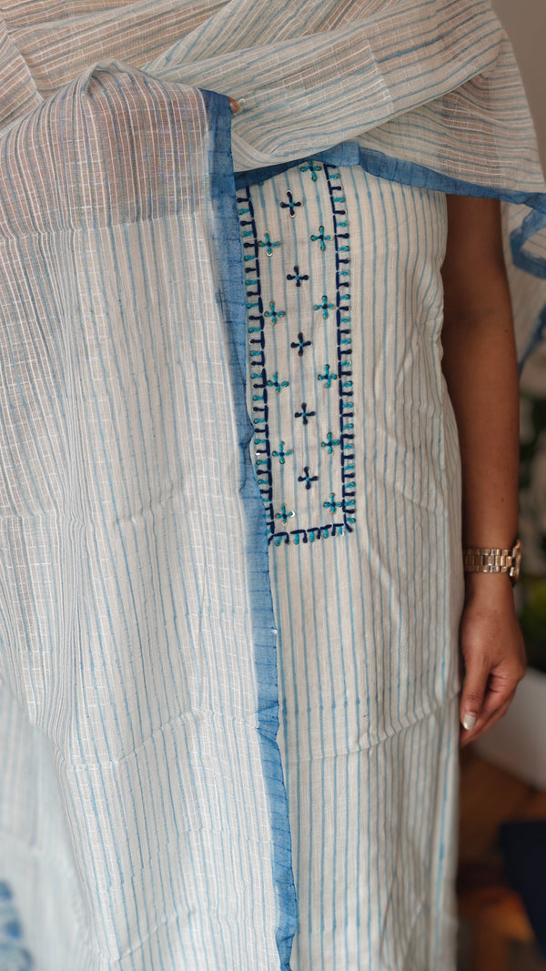 Off white and blue linen cotton suit - DL72