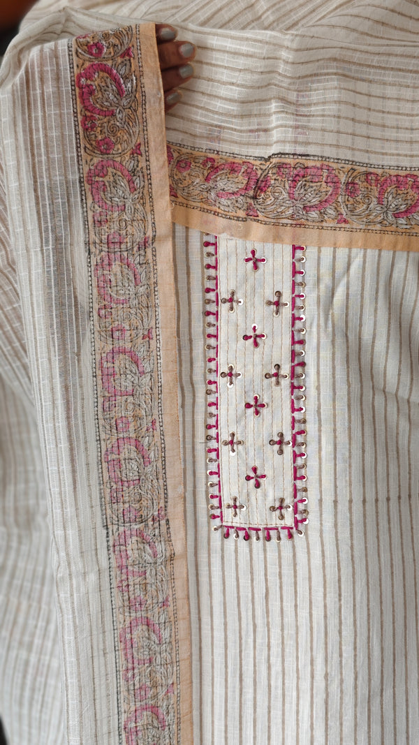 Cream and pink Linen cottton suit - DL72