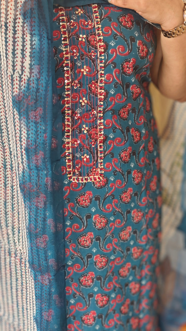 Peacock Blue Block printed cotton suit - DL72