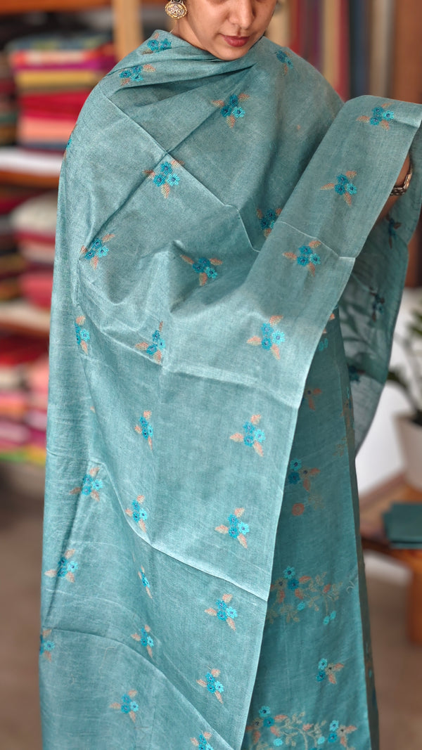 Teal Blue Cross Stitch Embroidered Semi Tussar Silk Suit - MTV6 - T1