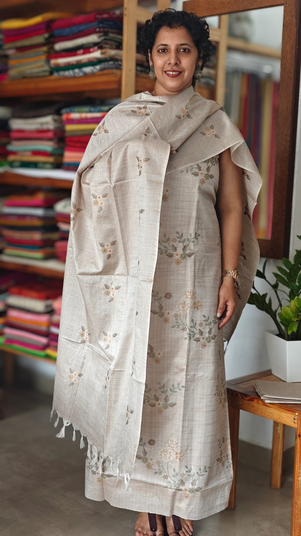 Light Beige Cross Stitch Embroidered Semi Tussar suit - MTV6 - B1