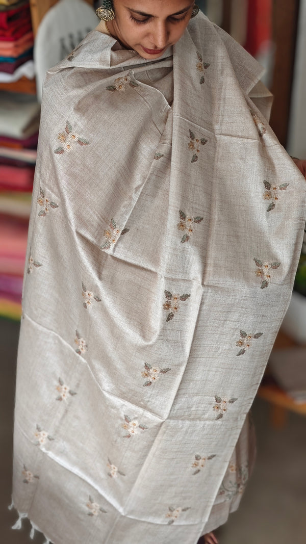Light Beige Cross Stitch Embroidered Semi Tussar suit - MTV6 - B1