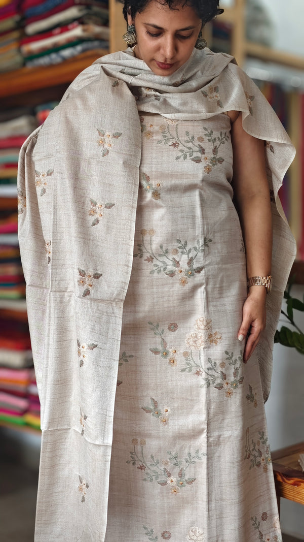 Light Beige Cross Stitch Embroidered Semi Tussar suit - MTV6 - B1
