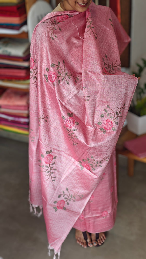 Pink Cross Stitch Embroidered Semi Tussar Suit - MTV6 - A1