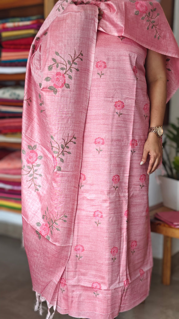 Pink Cross Stitch Embroidered Semi Tussar Suit - MTV6 - A1