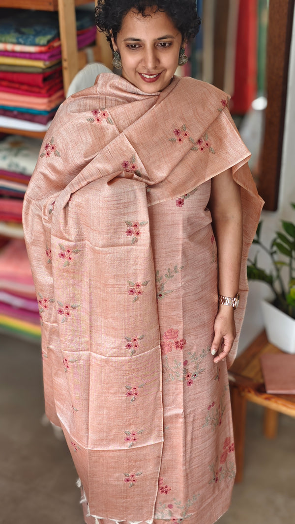 Light Peach Cross Stitch Embroidered semi Tussar suit - MTV6 -P1
