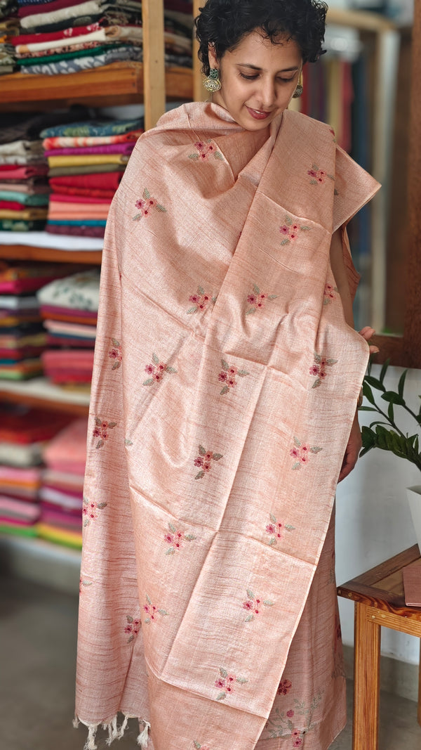 Light Peach Cross Stitch Embroidered semi Tussar suit - MTV6 -P1