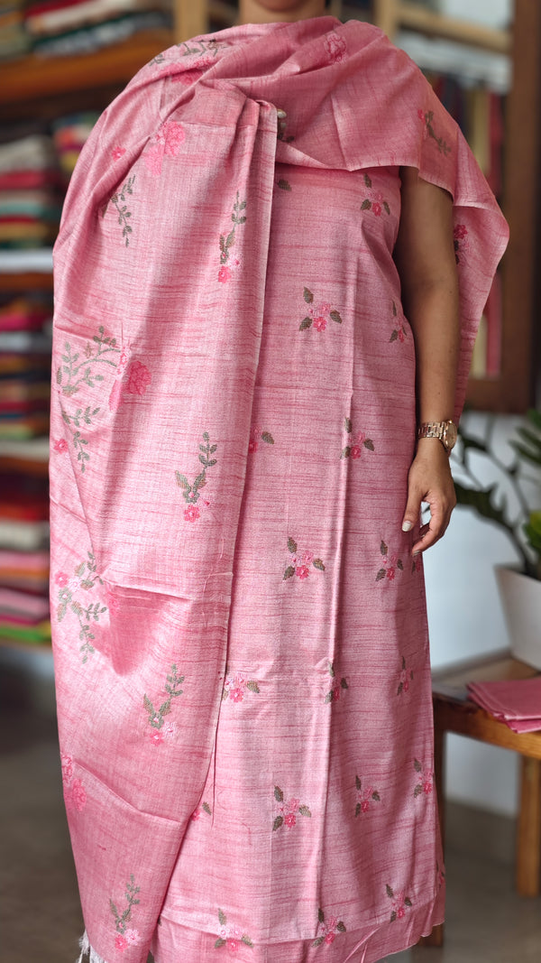 Pink Cross Stitch Embroidered Semi Tussar Suit - MTV6 - FC1