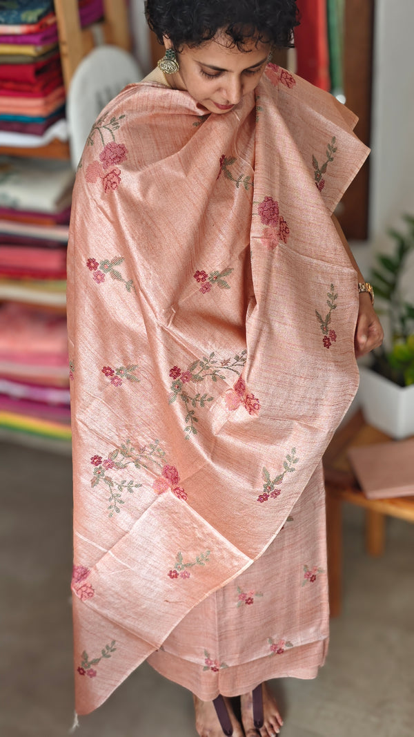 Light Peach Cross Stitch Embroidered Semi Tussar Suit - MTV6 - L2