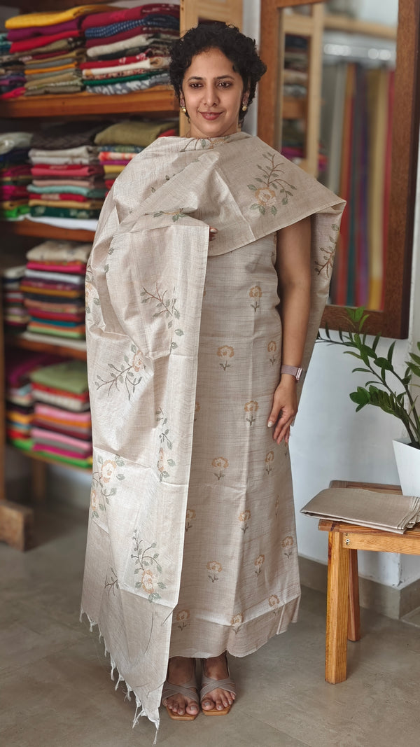 Light Beige Cross Stitch Embroidered Semi Tussar Suit - MTV6 - CD1