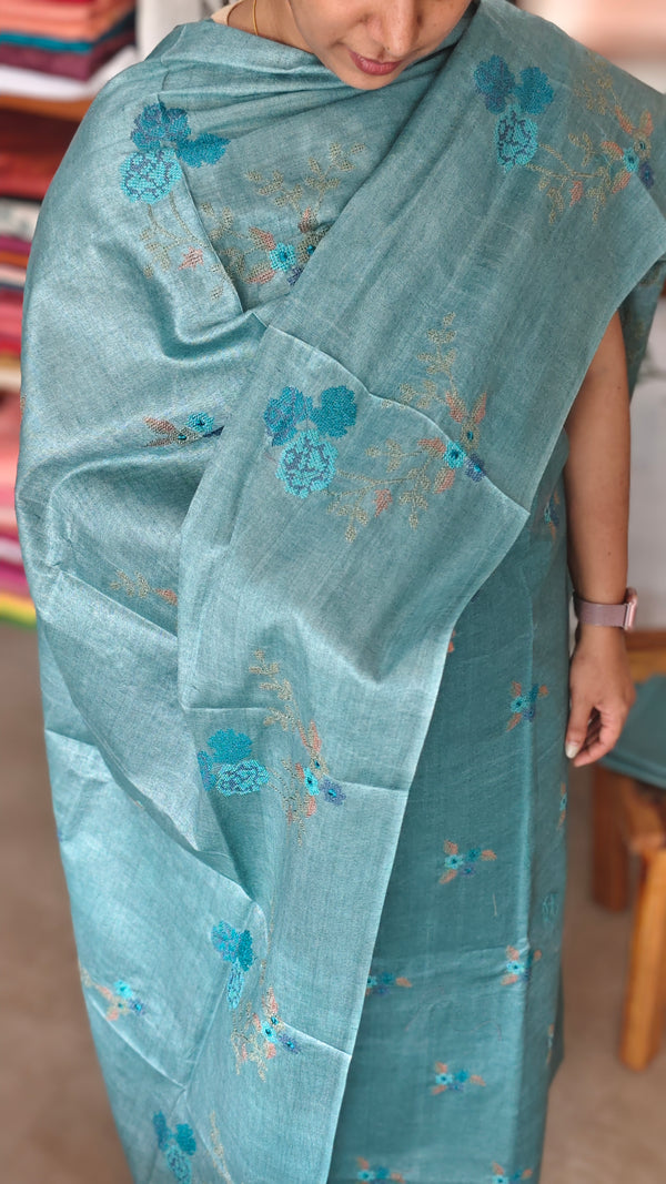 Teal Blue Cross Stitch Embroidered Semi Tussar Suit - MTV6 - X4
