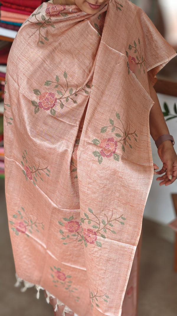 Light Peach Cross Stitch Embroidered semi Tussar Suit - MTV6 - V9