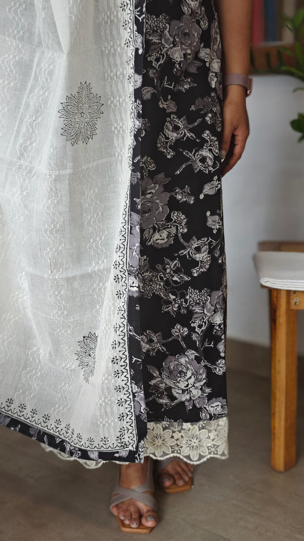 Black and cream printed cotton suit