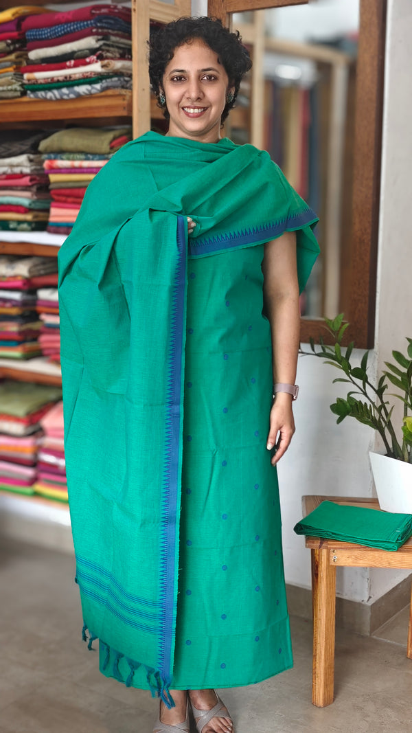 Green and blue handloom cotton suit